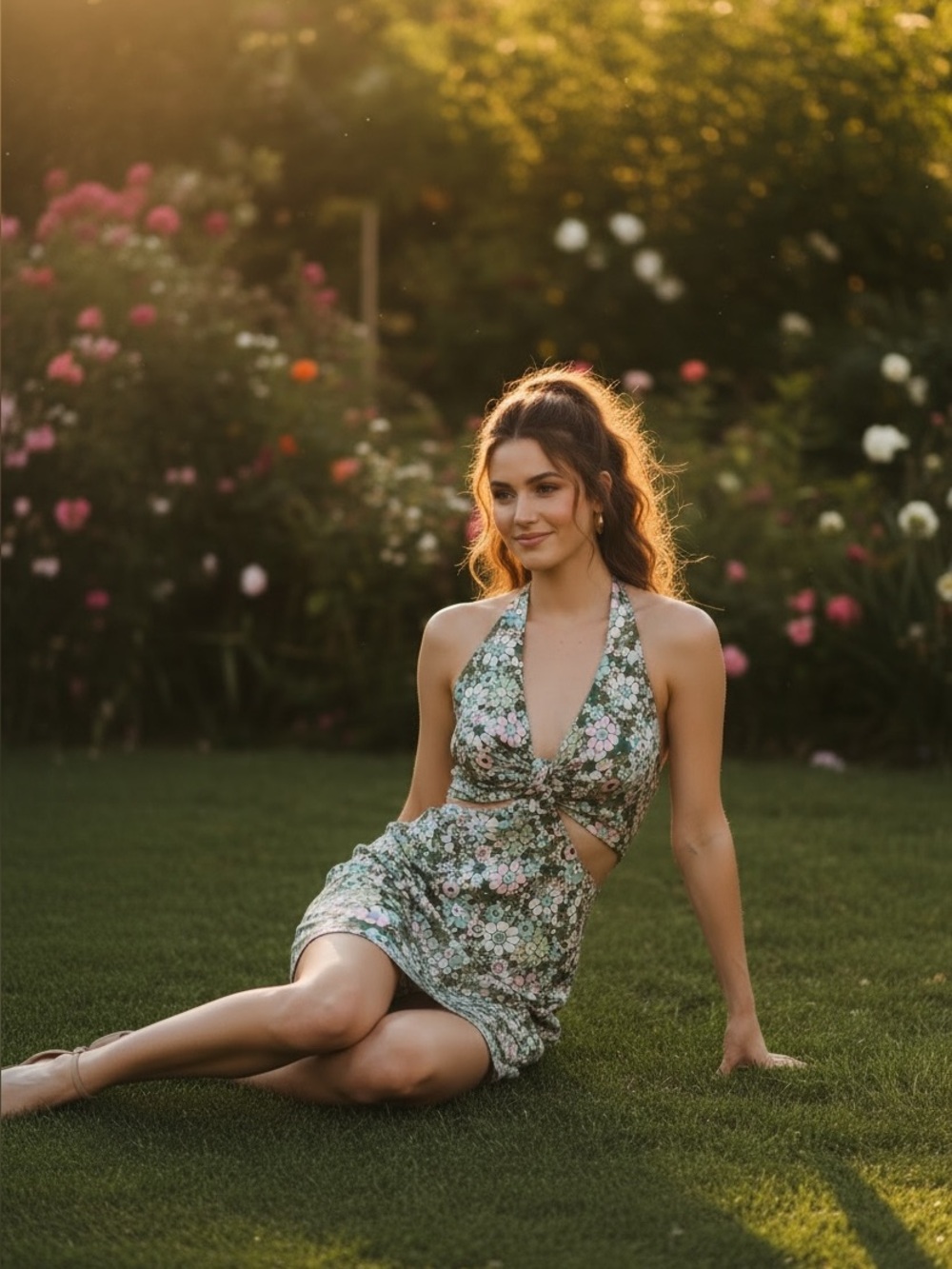 Cotton Candy LA Green Floral Halter Cutout Dress